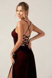 Black Red Sheath Spaghetti Straps Backless Maxi Bridesmaid Dress