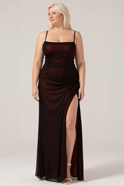 Black Red Sheath Spaghetti Straps Backless Maxi Plus Size Bridesmaid Dress