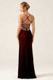 Sheath Spaghetti Straps Backless Floor Length Black Red Bridesmaid Dress