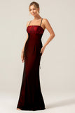 Sheath Spaghetti Straps Backless Floor Length Black Red Bridesmaid Dress