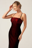 Sheath Spaghetti Straps Backless Floor Length Black Red Bridesmaid Dress