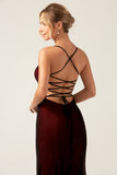 Sheath Spaghetti Straps Backless Floor Length Black Red Bridesmaid Dress