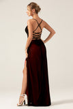 Sheath Spaghetti Straps Black Red Long Bridesmaid Dress With Slit
