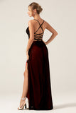 Sheath Spaghetti Straps Maxi Black Red Bridesmaid Dress With Slit