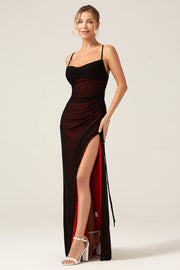 Sheath Spaghetti Straps Black Red Long Bridesmaid Dress With Slit