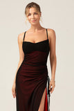 Sheath Spaghetti Straps Black Red Long Bridesmaid Dress With Slit
