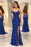 Royal Blue Mermaid Sparkly Long Corset Prom Dress With Slit