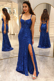 Royal Blue Mermaid Sparkly Long Corset Prom Dress With Slit