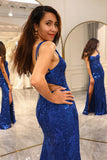 Royal Blue Mermaid Sparkly Long Corset Prom Dress With Slit