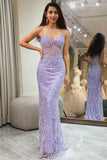 Glitter Lilac Mermaid Spaghetti Straps Corset Prom Dress With Appliques