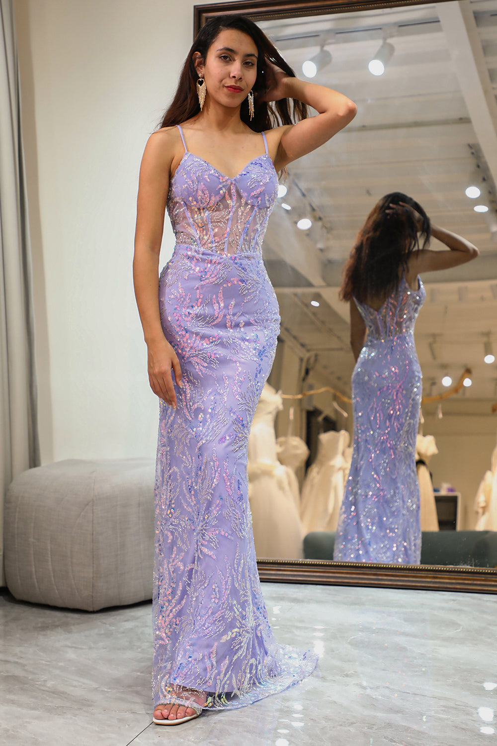Wedtrend Women Glitter Lilac Prom Dress Mermaid Spaghetti Straps