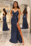 Dark Navy Mermaid Spaghetti Straps Sparkly Sequined Prom Dress With Slit