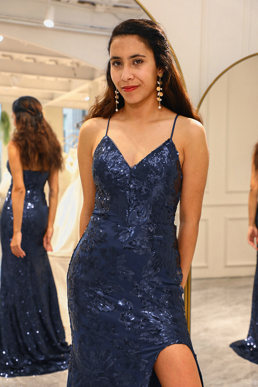 Wedtrend Women Dark Navy Prom Dress Mermaid Spaghetti Straps Sparkly Sequined Evening Dress With Slit WEDTREND Wedtrend Women Dark Navy Prom Dress Mermaid Spaghetti Straps Sparkly Sequined Evening Dress With Slit WEDTREND