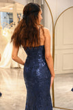 Dark Navy Mermaid Spaghetti Straps Sparkly Sequined Prom Dress With Slit