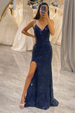 Sparkly Dark Purple Mermaid Spaghetti Straps Sequined Prom Dress With Slit