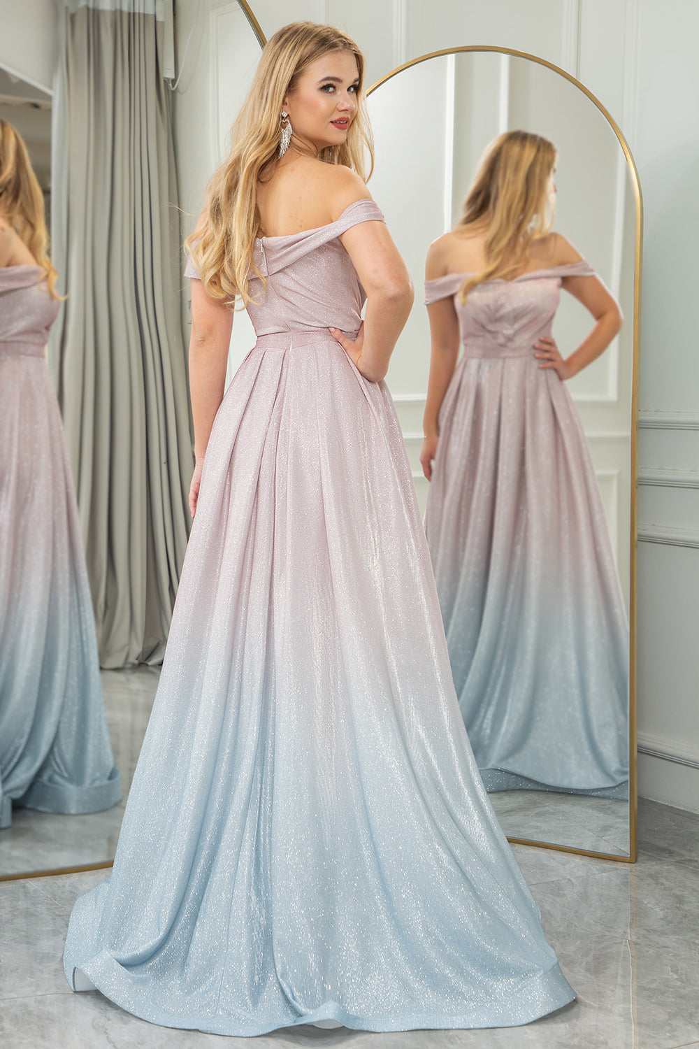 Metallic A-Line Off the Shoulder Sparkly Gradient Elegant Pleated Prom Dress
