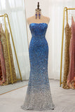 Sparkly Gradient Blue Mermaid Sweetheart Sequined Strapless Long Prom Dress