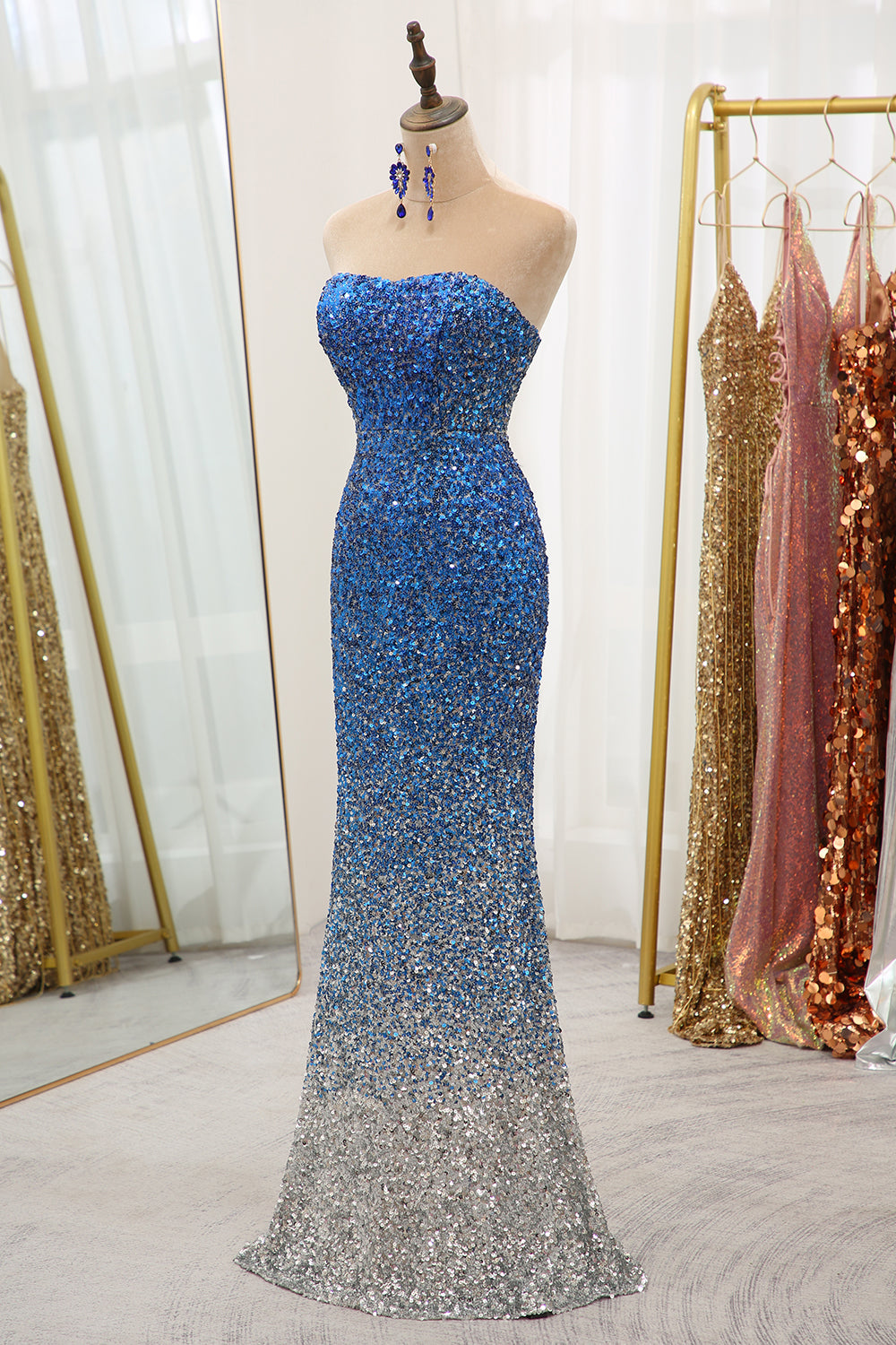 Sparkly Gradient Blue Mermaid Sweetheart Sequined Strapless Long Prom Dress