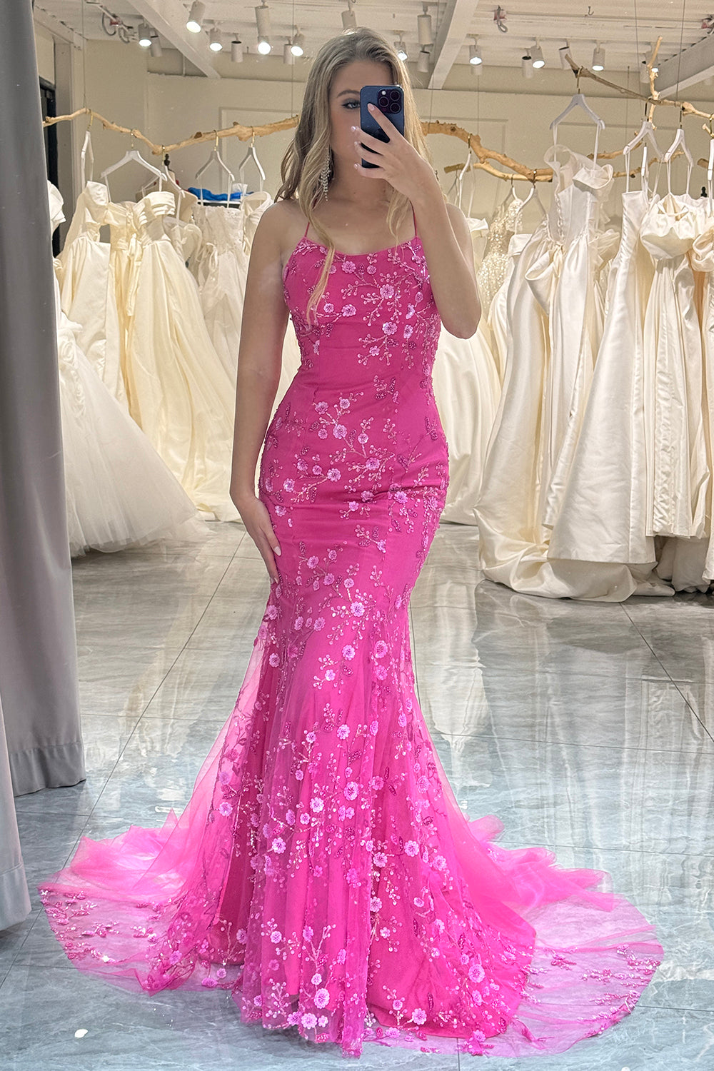 Hot Pink Mermaid Beaded Tulle Prom Dress With Lace-Up Back