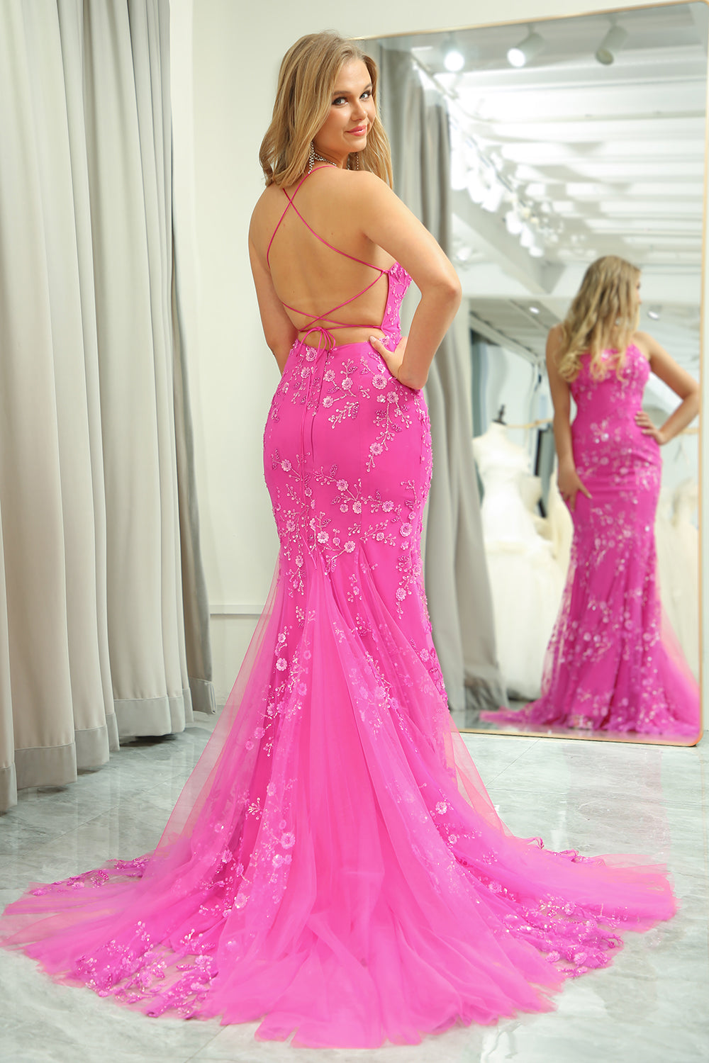 Hot Pink Mermaid Beaded Tulle Prom Dress With Lace-Up Back