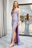 Lilac Mermaid Spaghetti Straps Sparkly Sequins Prom Dress with Slit