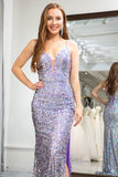 Lilac Mermaid Spaghetti Straps Sparkly Sequins Prom Dress with Slit