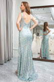 Sparkly Light Green Mermaid V-Neck Sequins Prom Dress with Slit