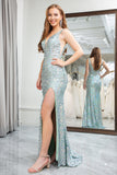 Sparkly Light Green Mermaid V-Neck Sequins Prom Dress with Slit