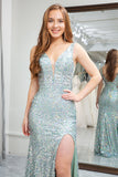 Sparkly Light Green Mermaid V-Neck Sequins Prom Dress with Slit