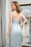 Sparkly Light Green Mermaid V-Neck Sequins Prom Dress with Slit