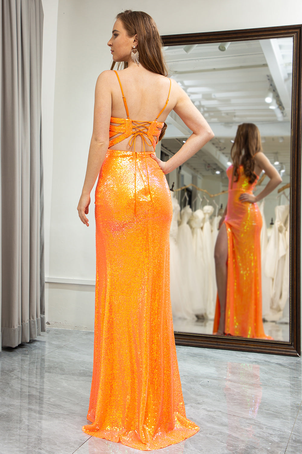 Sparkly Orange Mermaid Spaghetti Straps Long Prom Dress with Slit