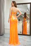 Sparkly Orange Mermaid Spaghetti Straps Long Prom Dress with Slit