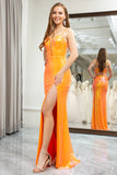 Sparkly Orange Mermaid Spaghetti Straps Long Prom Dress with Slit