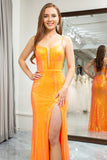 Sparkly Orange Mermaid Spaghetti Straps Long Prom Dress with Slit