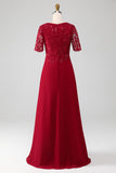 Sparkly Burgundy A Line Round Neck Sequin Mother of Bride Dress with Appliques