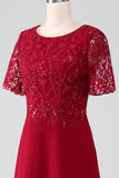 Sparkly Burgundy A Line Round Neck Sequin Mother of Bride Dress with Appliques