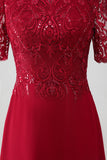 Sparkly Burgundy A Line Round Neck Sequin Mother of Bride Dress with Appliques