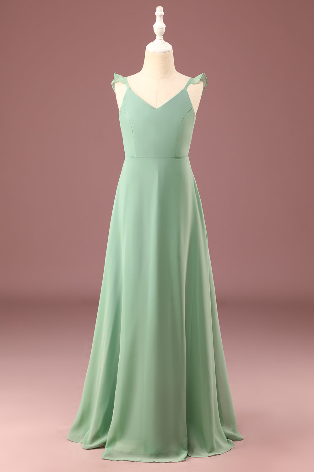 Wedtrend Green Junior Bridesmaid Dress A-line Long Chiffon Matcha V-neck Spaghetti Straps Wedding Party Dress, Matcha / J8