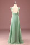 A-line Long Chiffon Matcha V-neck Spaghetti Straps Junior Bridesmaid Dress