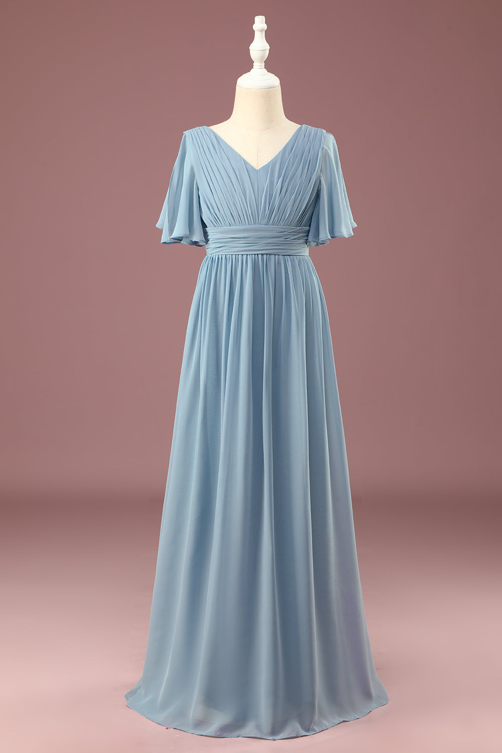 Wedtrend Dusty Blue Junior Bridesmaid Dress A line V neck Floor Length Short Sleeves Chiffon Wedding Party Dress WEDTREND