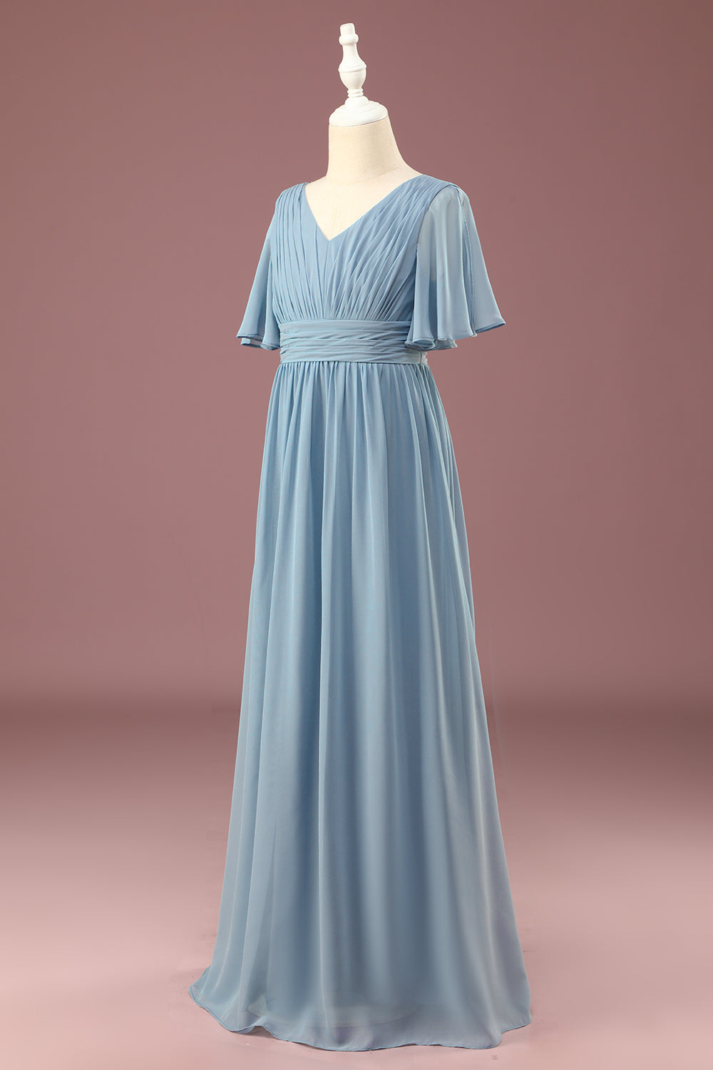 Wedtrend Dusty Blue Junior Bridesmaid Dress A-line V-neck Floor Length Short Sleeves Chiffon Wedding Party Dress WEDTREND Wedtrend Dusty Blue Junior Bridesmaid Dress A-line V-neck Floor Length Short Sleeves Chiffon Wedding Party Dress WEDTREND
