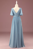 A-line V-neck Floor Length Short Sleeves Chiffon Junior Bridesmaid Dress