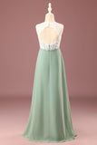 Matcha A-line Round Neck Sleeveless Chiffon Junior Bridesmaid Dress With Lace