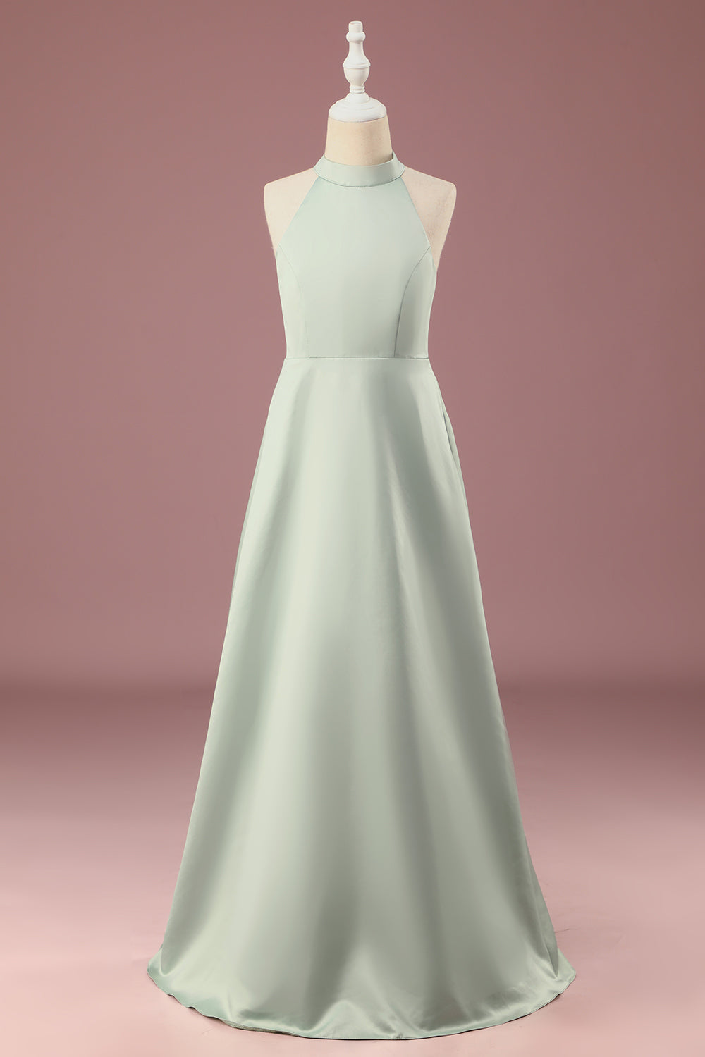 Wedtrend Green Junior Bridesmaid Dress Matcha A-line Halter Long Satin Wedding Party Dress With Sleeveless WEDTREND Wedtrend Green Junior Bridesmaid Dress Matcha A-line Halter Long Satin Wedding Party Dress With Sleeveless WEDTREND