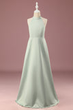 Matcha A-line Halter Long Satin Junior Bridesmaid Dress With Sleeveless