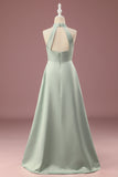Matcha A-line Halter Long Satin Junior Bridesmaid Dress With Sleeveless