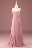 Dusty Rose A-line Spaghetti Straps Chiffon Long Junior Bridesmaid Dress