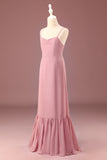 Dusty Rose A-line Spaghetti Straps Chiffon Long Junior Bridesmaid Dress