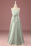 Matcha A-line Spaghetti Straps Long Satin Junior Bridesmaid Dress