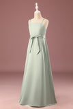 Matcha A-line Spaghetti Straps Long Satin Junior Bridesmaid Dress